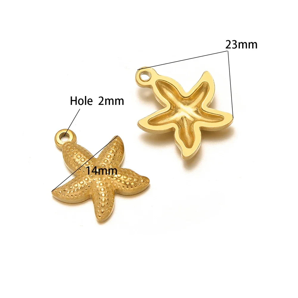 Gold starfish charm pendants, 23mm and 14mm, with 2mm holes