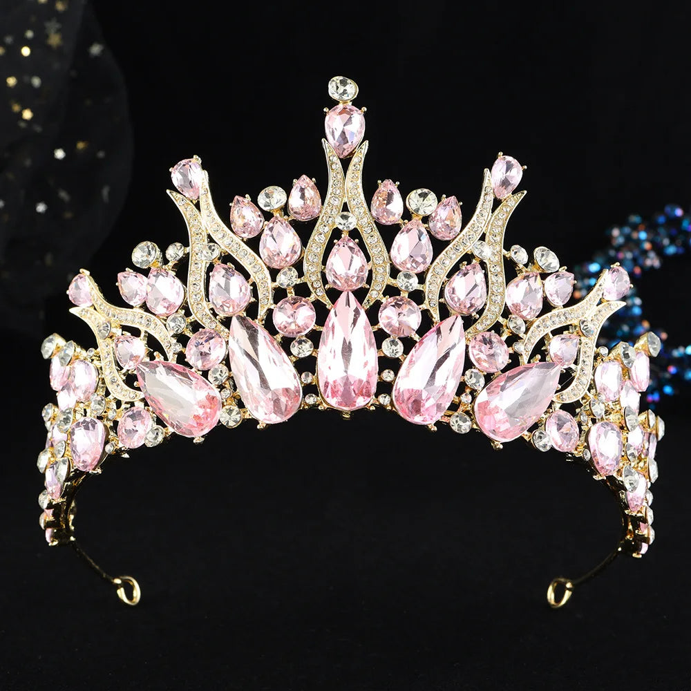 Rhinestone tiara headpiece with light pink crystals and sparkling teardrop crown stones