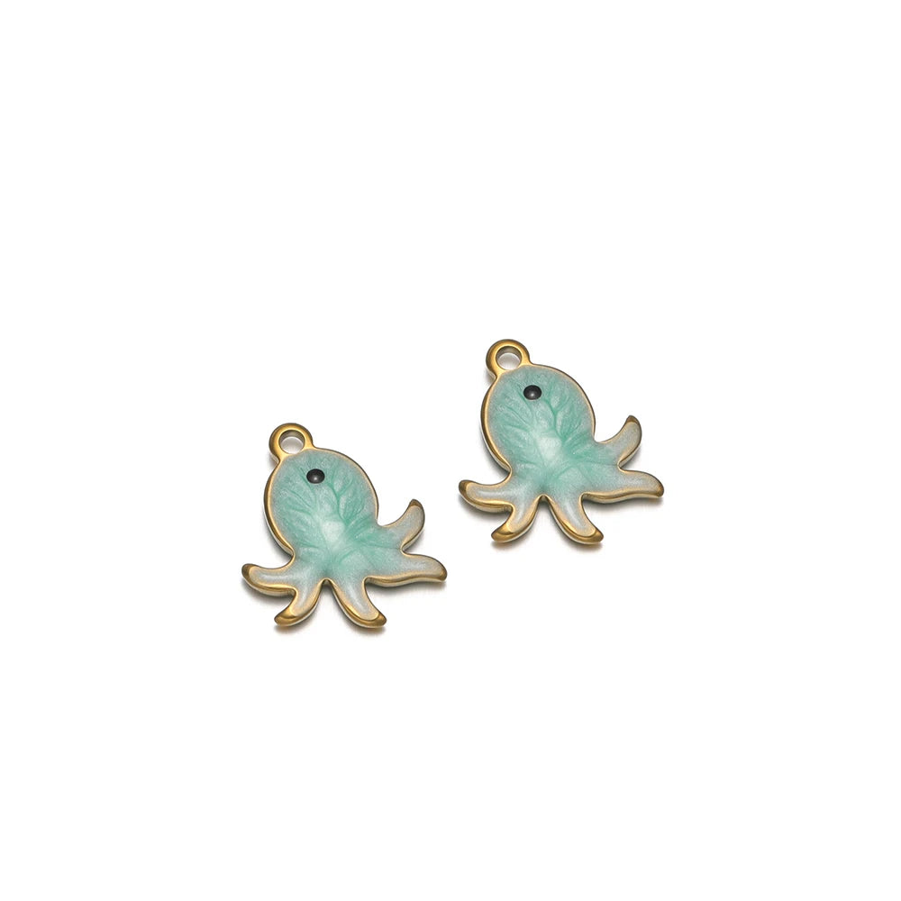 Aqua enamel octopus charms with gold-tone loops, two charms