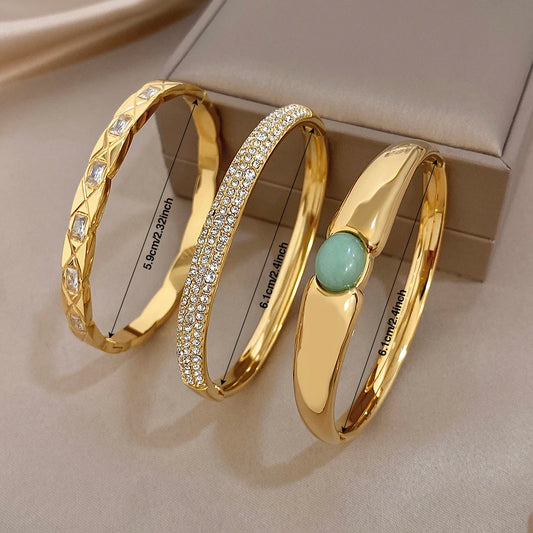 Vintage Gold Plated Stainless Steel Cuff Bangle for Women Men Glossy Geometric Zircon Wide Bracelets Waterproof Jewelry