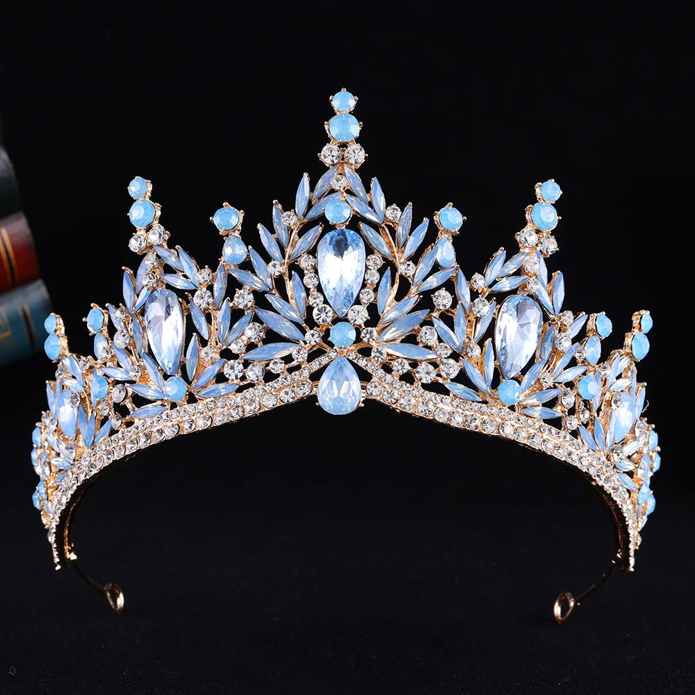 Silver and light blue crystal tiara crown with oval gems and rhinestone band
