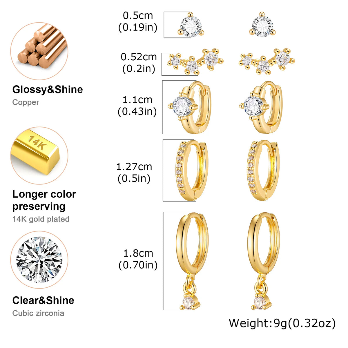 Gold-plated CZ huggie hoop earring set diagram with size measurements and stones
