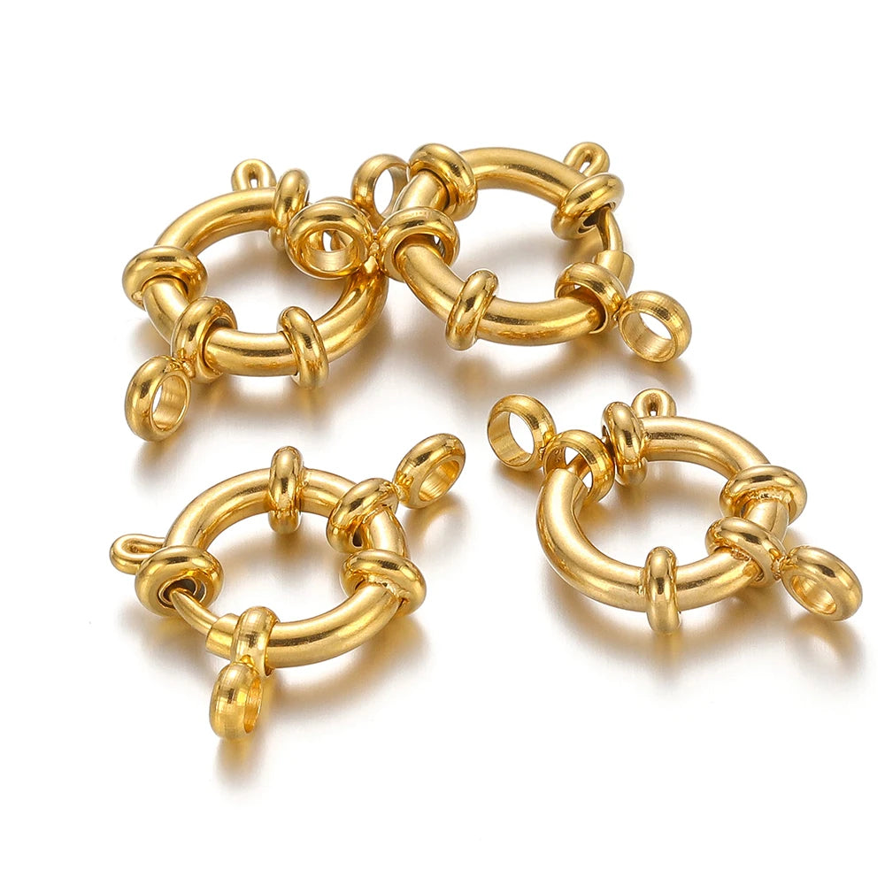 Gold round spring clasp hooks set with hinged latch and ring connector
