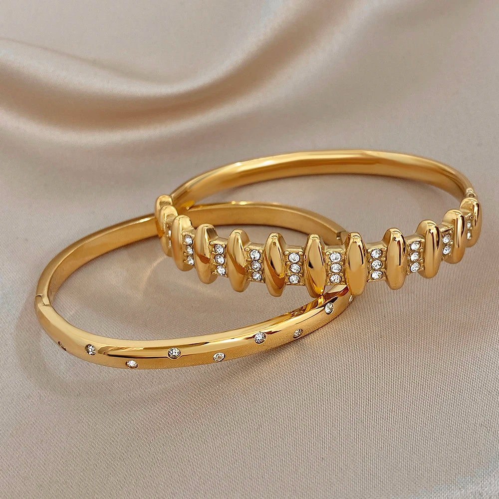 Exquisite Gold Plated Stainless Steel Cuff Bangles for Women Vintage Zircon Geometric Wristband Bracelets Waterproof Jewelry