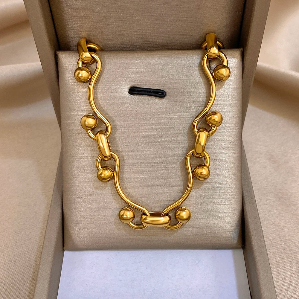 Irregular Curved Chain Beads Spliced Necklace Delicate Gold Plated Stainless Steel Choker Clavicle Necklaces Waterproof Jewelry