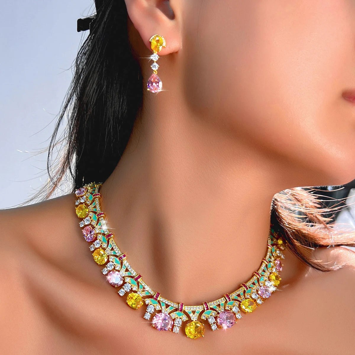 Gold-tone multicolor cubic zirconia necklace with drop earrings set, side profile close-up