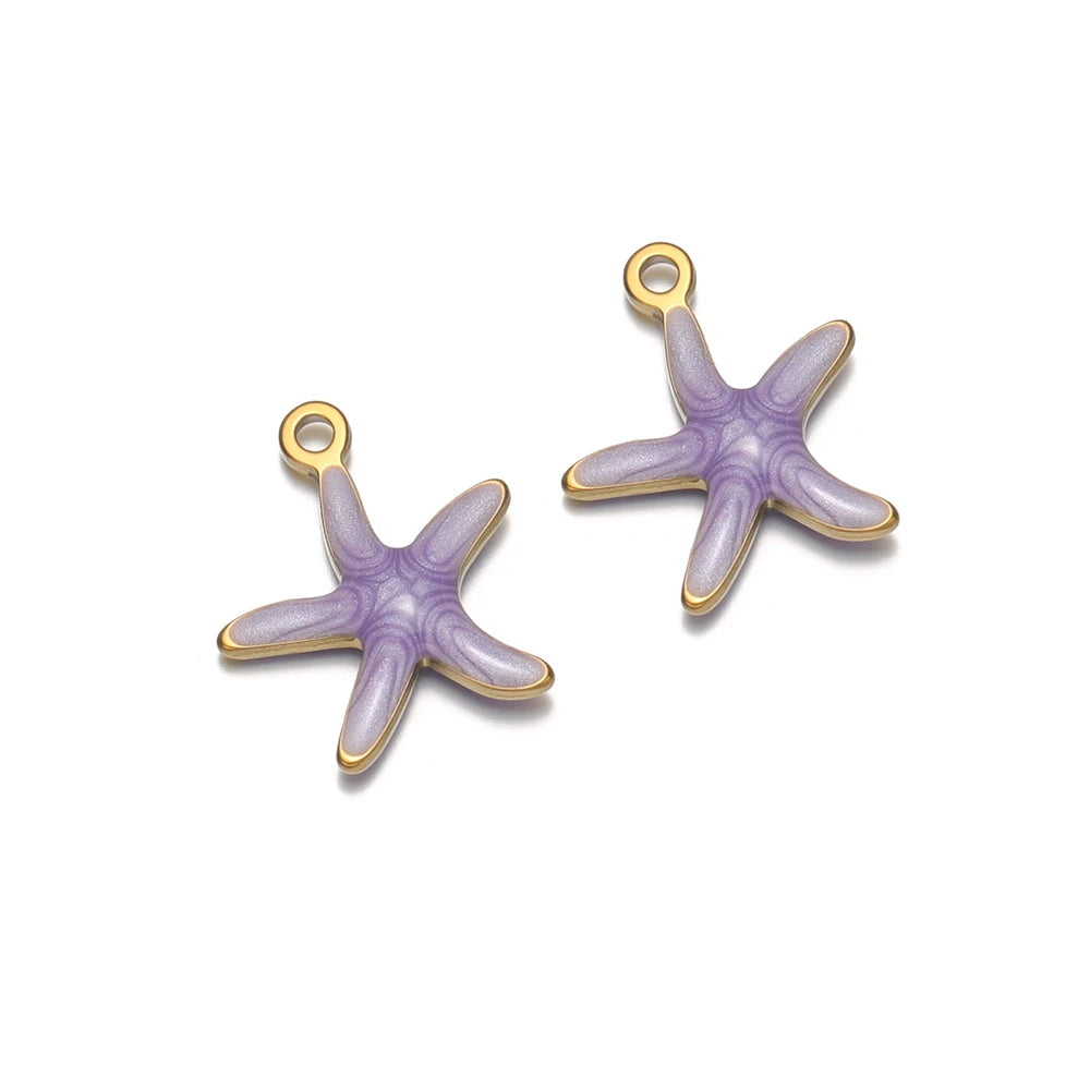 Starfish pendant charms in purple with gold-tone loop backs for jewelry making