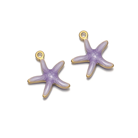 Starfish pendant charms in purple with gold-tone loop backs for jewelry making