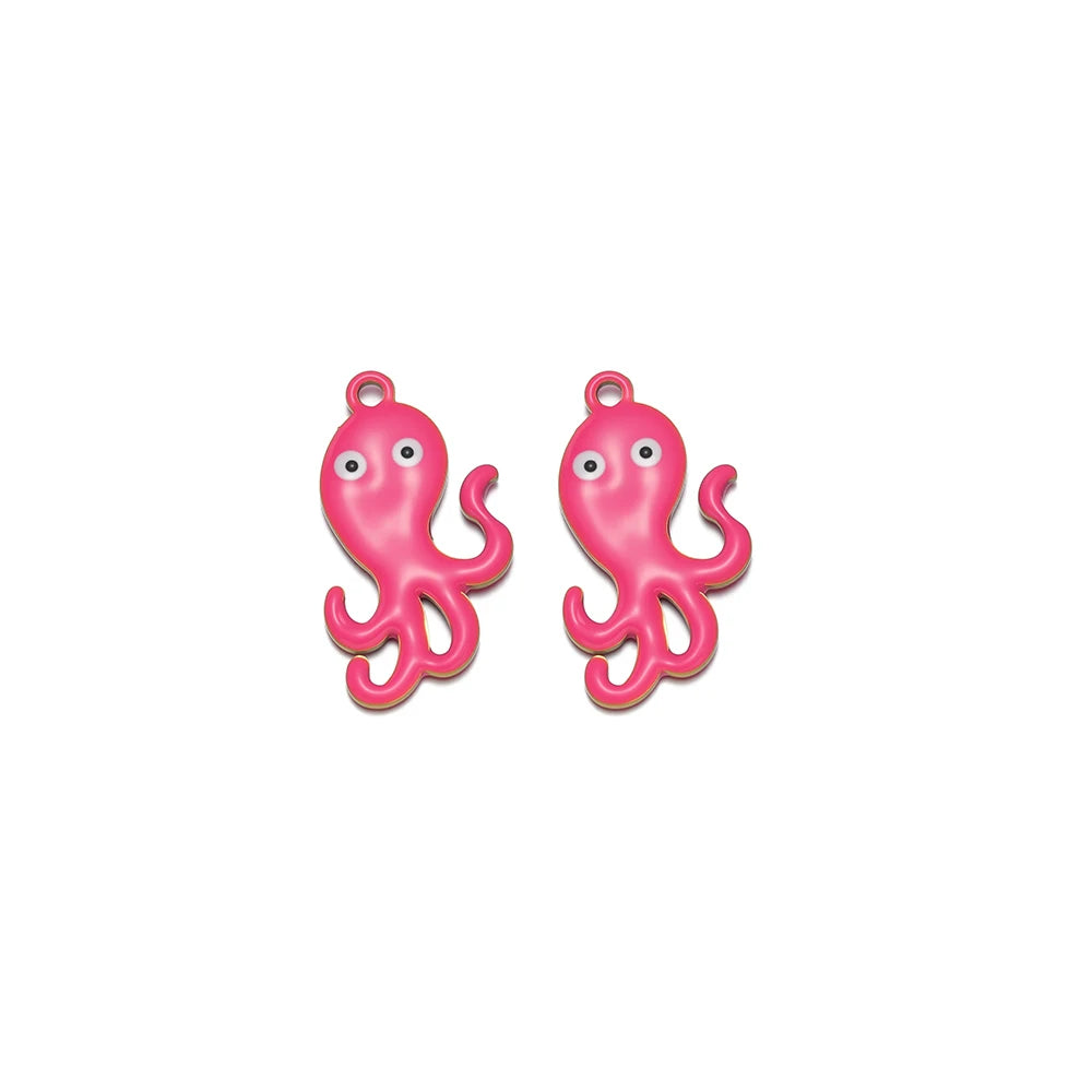Two pink enamel octopus pendant charms with ring hanging loops