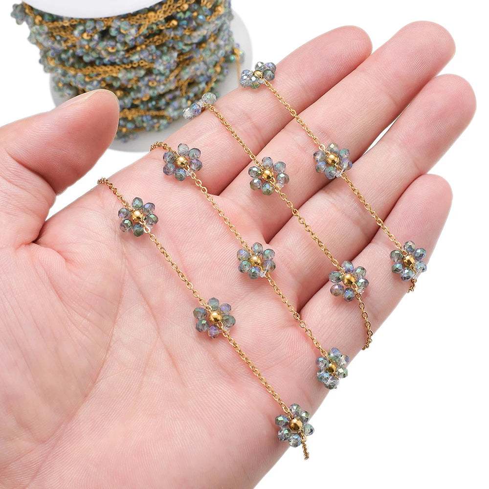 Gold-tone stainless steel daisy flower beaded satellite chain with blue-gray beads