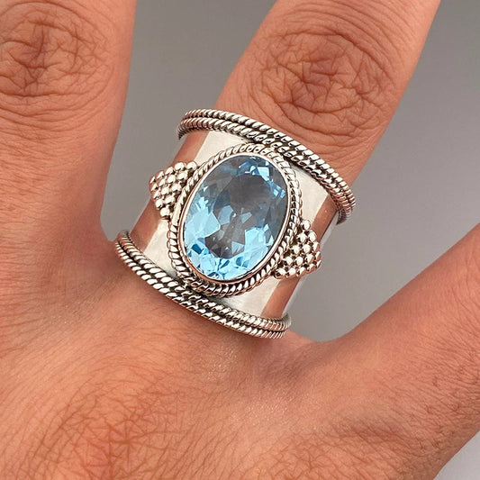Silver Color Bright Blue Cubic Zirconia Wide Ring Luxury Party Jewelry m20