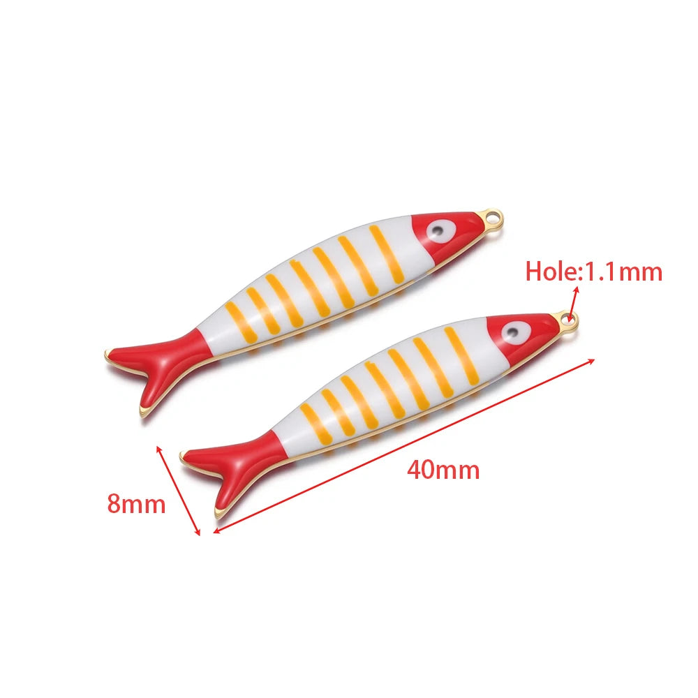 Pair of striped fish enamel charms, red fins with orange stripes, gold loops