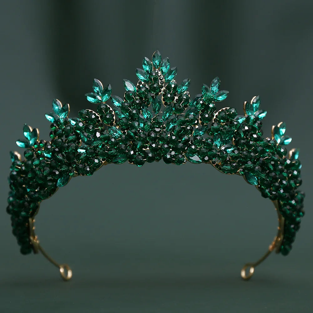 Large bridal tiara with emerald green crystal flower crown and gold-tone headband