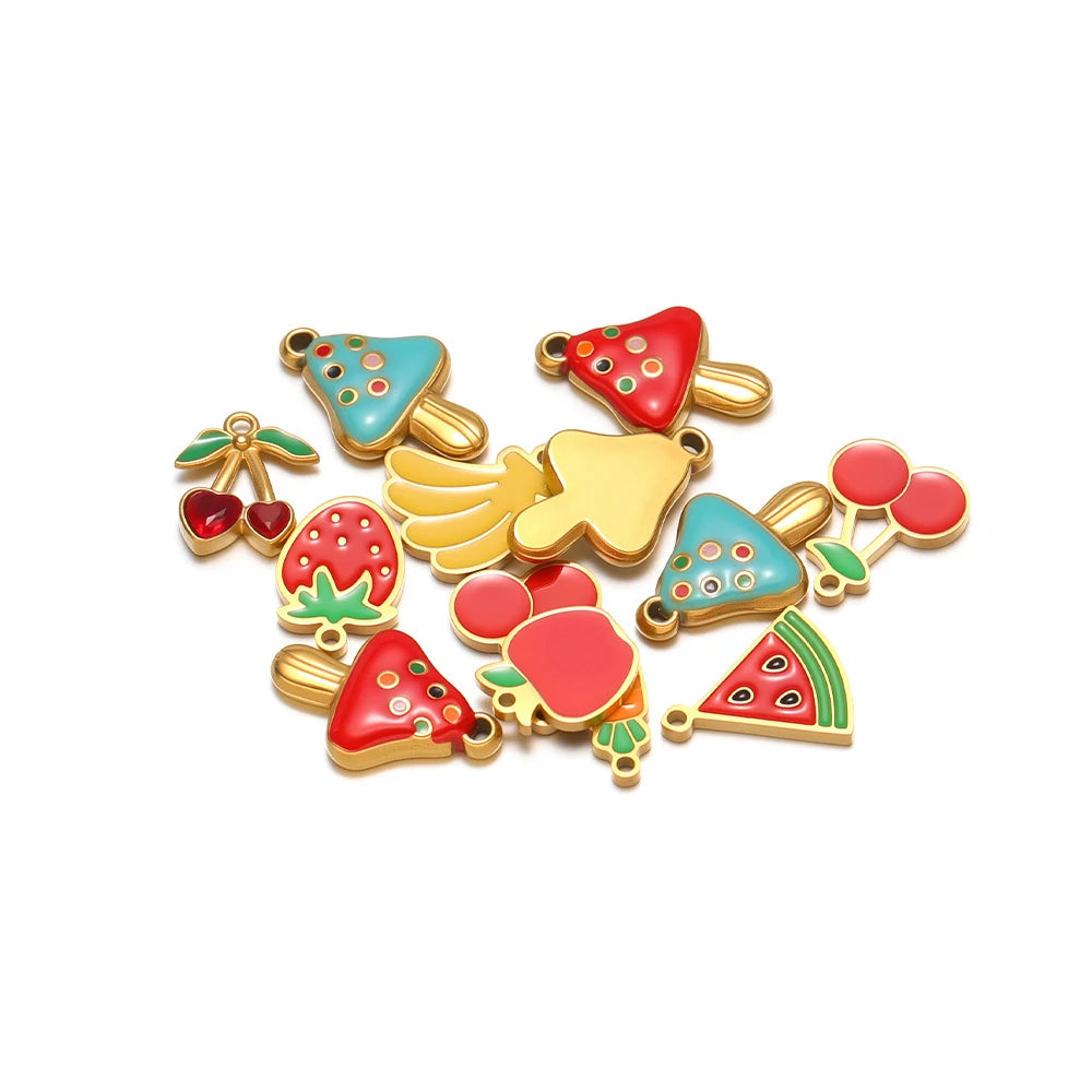 Colorful fruit charm pendants with gold-tone loops and enamel details, assorted set of 5