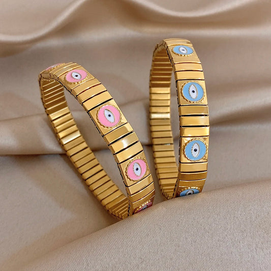 Chunky Gold Plated Stainless Steel Watch Band Bracelet Colorful Enamel Round Evil Eye Wide Bangle Bracelets Waterproof Jewelry