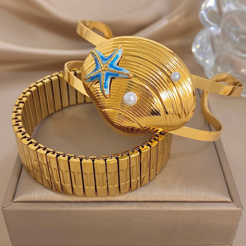Fashion Gold Plated Stainless Steel Bracelet for Women High Quality Starfish Seashells Cuff Bangle Bracelets Waterproof Jewelry