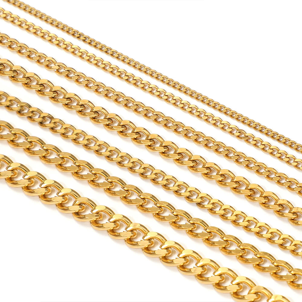 Gold-plated stainless steel Cuban link chain, close-up of interlocking links