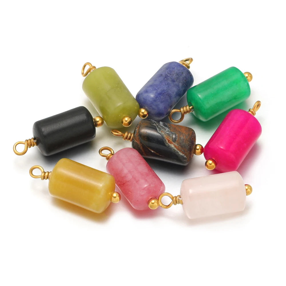 Cylinder stone charm pendants bulk, mixed colors with gold-tone bail loops