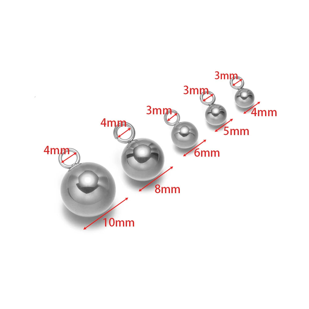 Silver plated ball charms size diagram with loops, solid spheres labeled 3–10mm