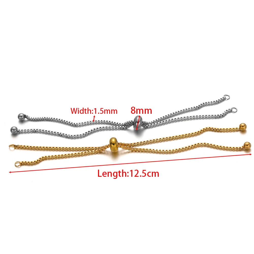 Adjustable box chain bracelet connectors with gold and silver links and round end beads
