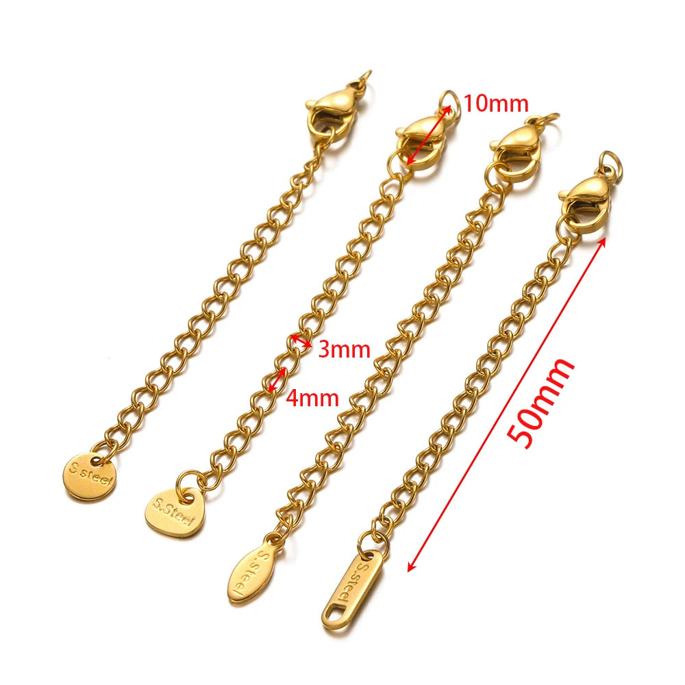 Gold lobster clasp extension tail chains with 10mm ring, 5cm length, and 4mm/3mm links