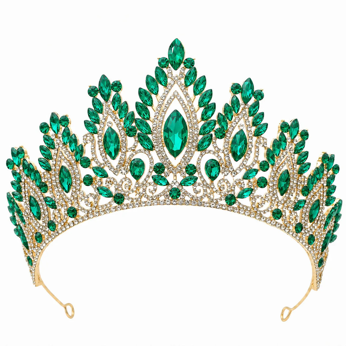 Crystal tiara headband with emerald green rhinestone marquise stones and central oval