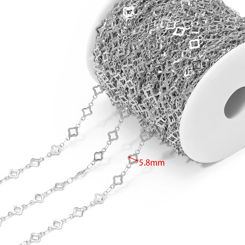 Steel-toned square-link chain on spool, 5.8mm link size shown
