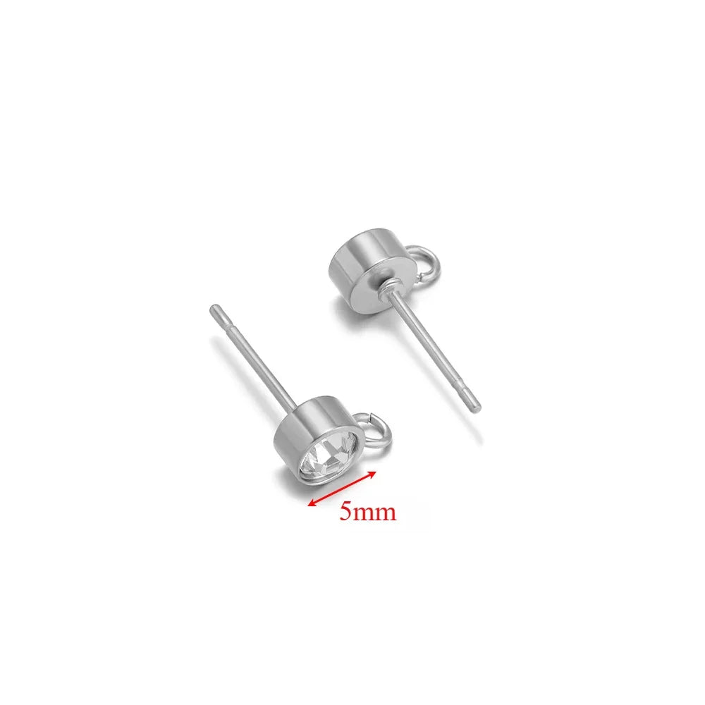Silver zircon stud earring posts with loop hook, 5mm round stones, pair