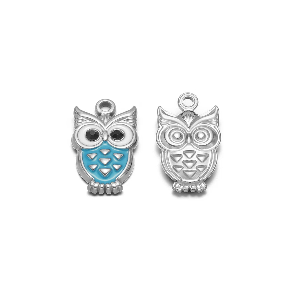 Silver-tone owl enamel charm pendants with hanging loop, blue enamel details, front/back pair