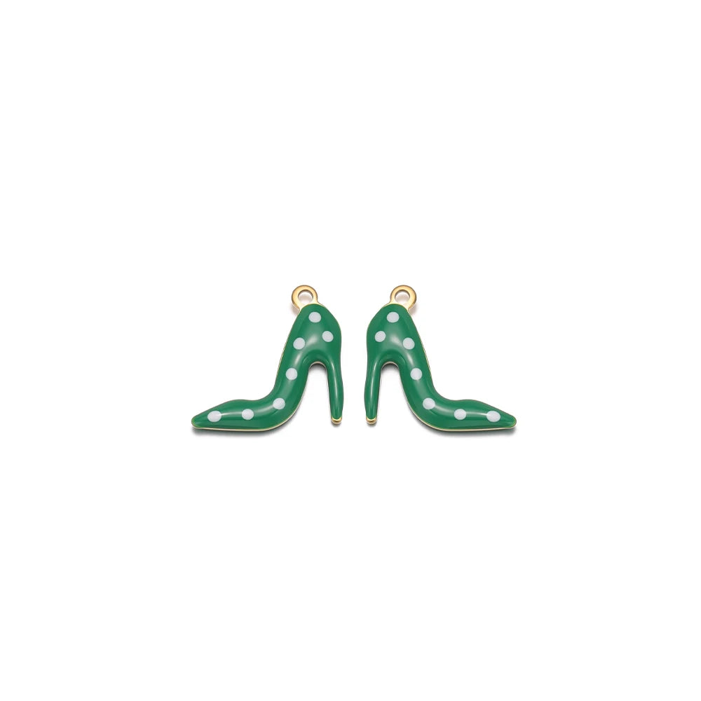 Green enamel high-heel shoe charm pair with white polka dots and gold-tone loops