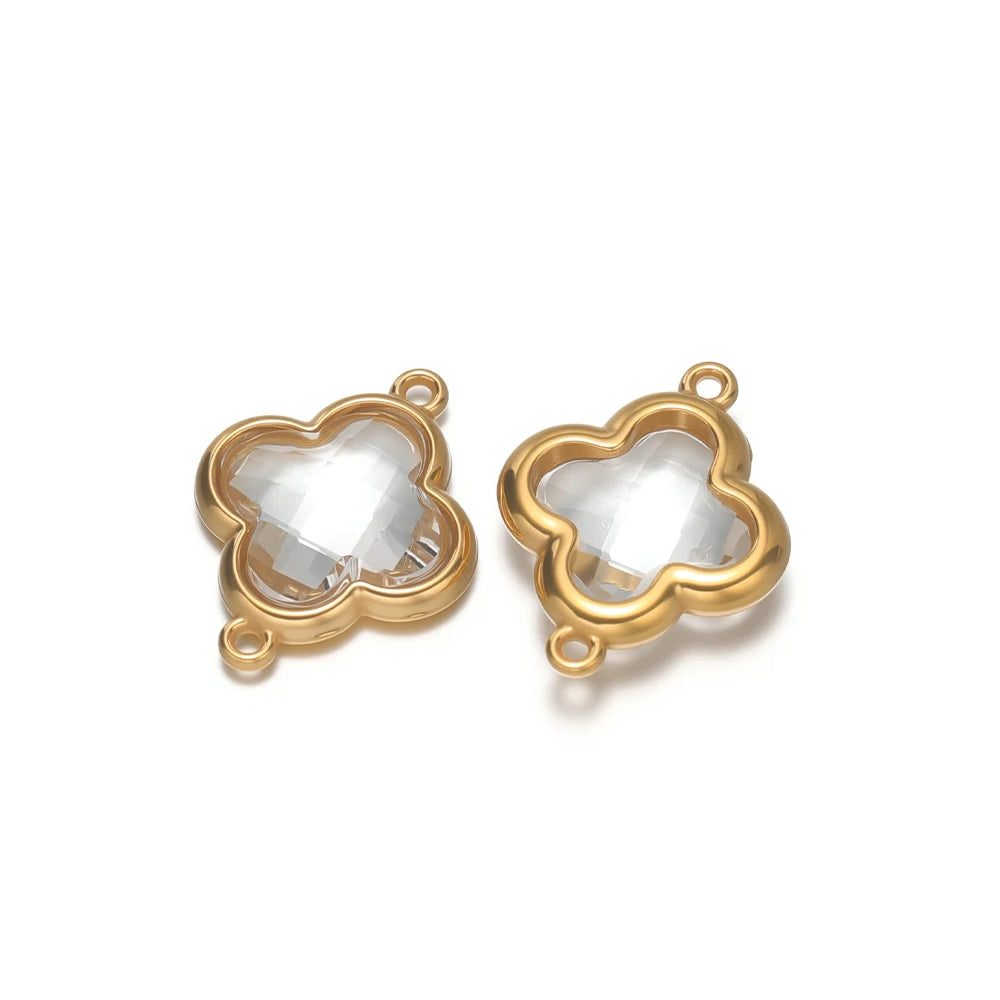 Clover glass pendant charm, clear stone with gold-tone frame and two loops
