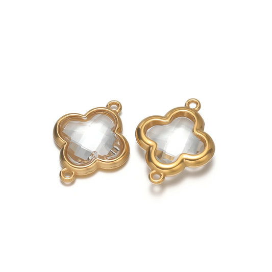 Clover glass pendant charm, clear stone with gold-tone frame and two loops