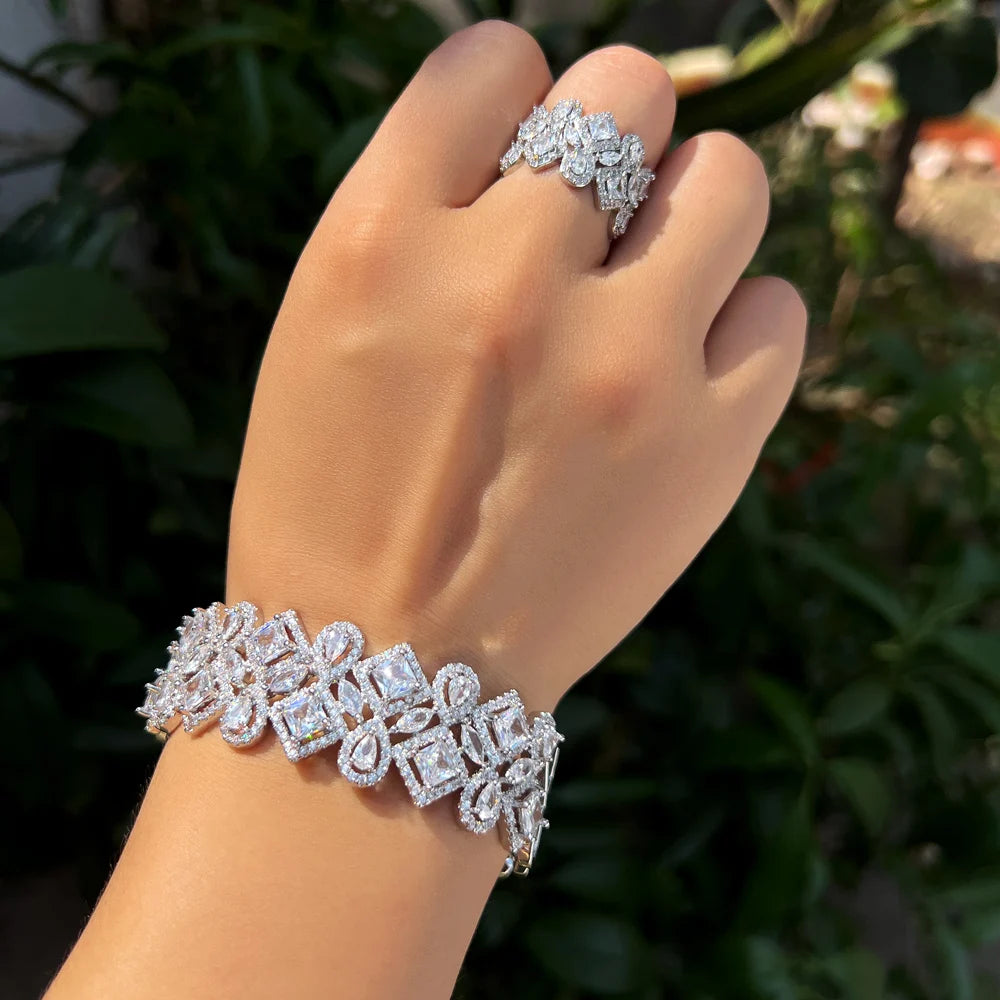 Cubic zirconia bracelet and ring set, silver-tone open cuff and matching band