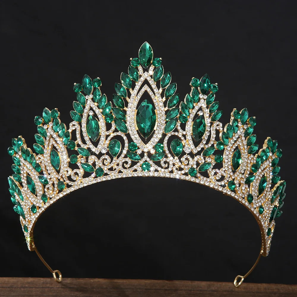 Emerald green rhinestone tiara headband with oval center gems and silver-tone setting
