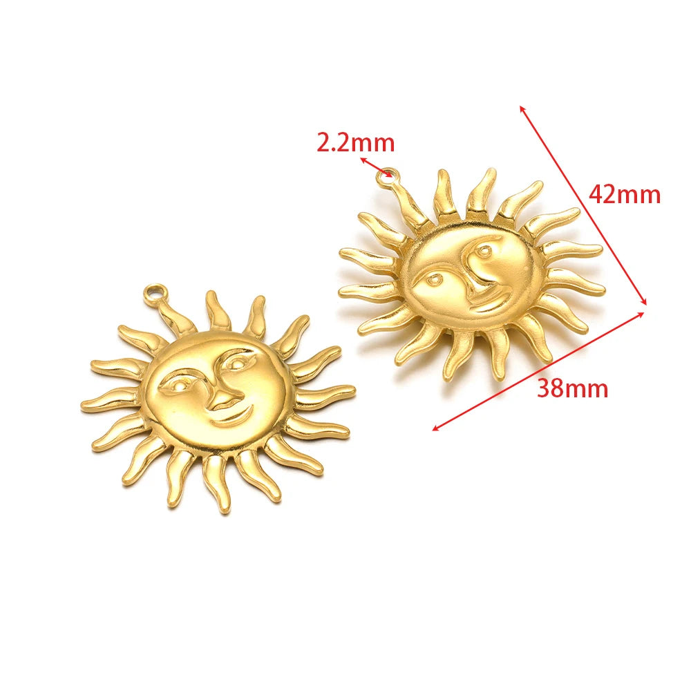 Gold smiling sun charm pendants with loop, two-piece set for DIY jewelry making