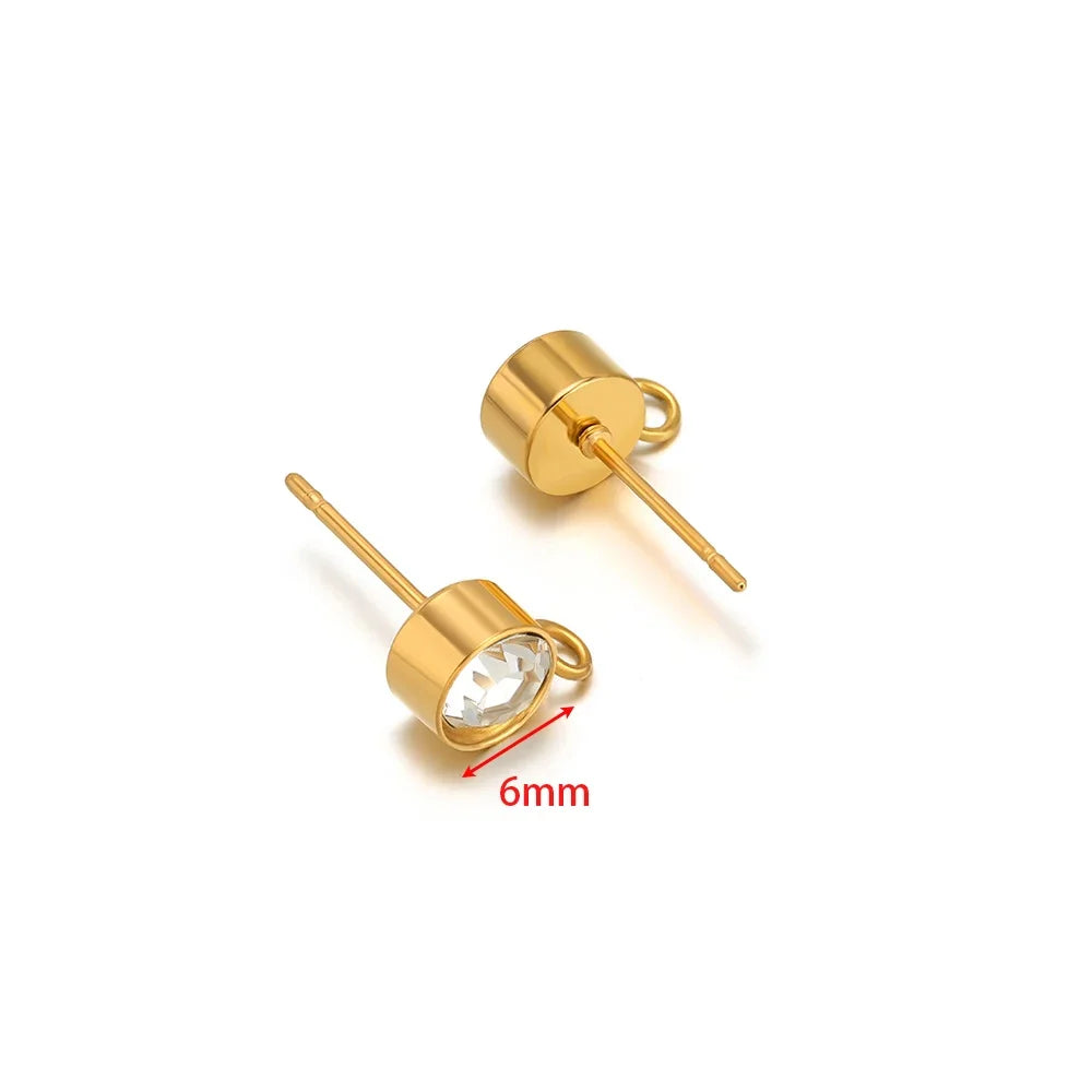 Gold zircon stud earring posts with loop hook, 6mm round stones, angled pair