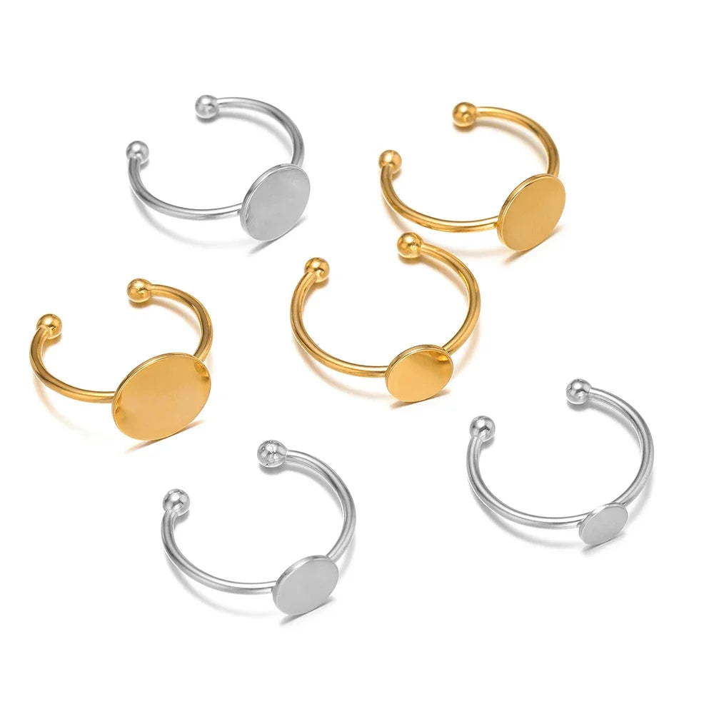 Mixed gold and silver adjustable ring blanks with round bezel cabochon discs