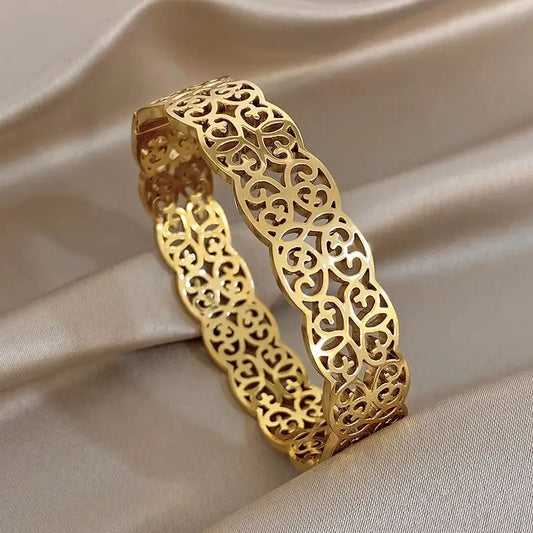 Vintage Gold Plated Stainless Steel Cuff Bangle Bracelets for Women Glossy Hollow Carved Flower Wide Bangles Waterproof Jewelry