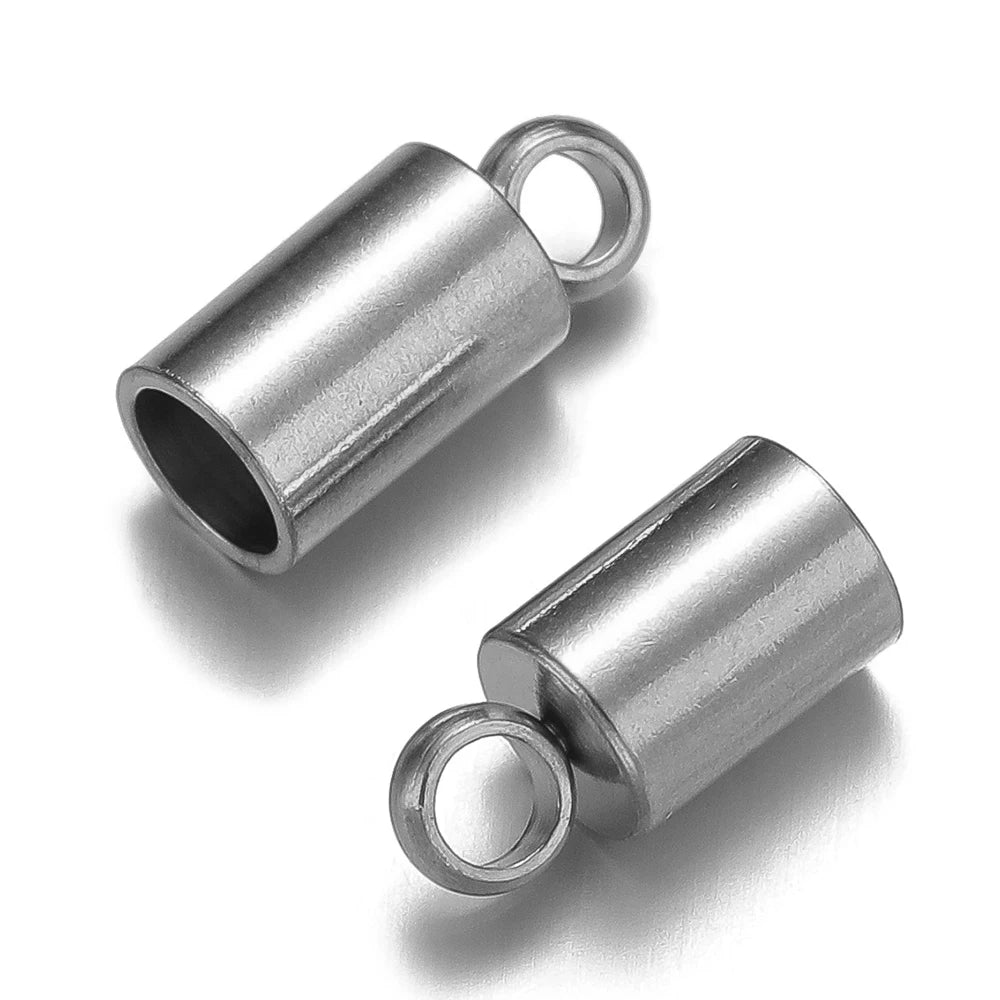 Stainless steel crimp end caps with ring eyelets, close-up pair