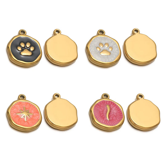Stainless steel enamel charm pendants, paw prints and gold blank discs with hooks