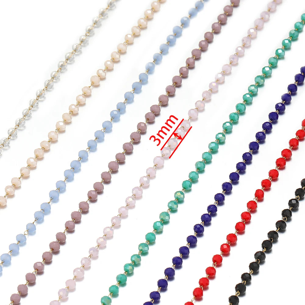 3mm faceted beaded chains in multiple colors, shown as long strands on white