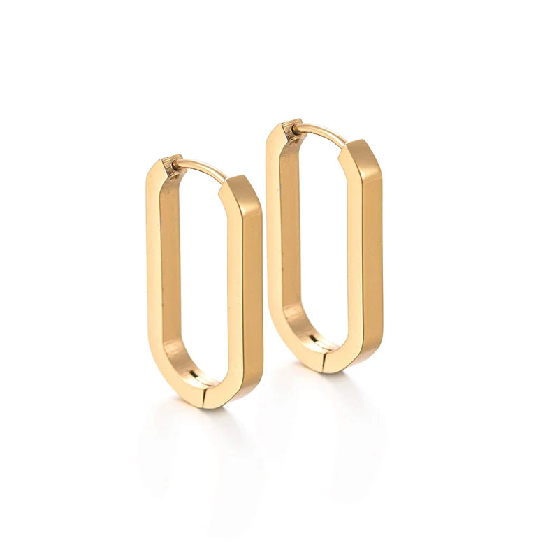 Gold-tone rectangular oval hoop earrings with glossy stainless steel finish