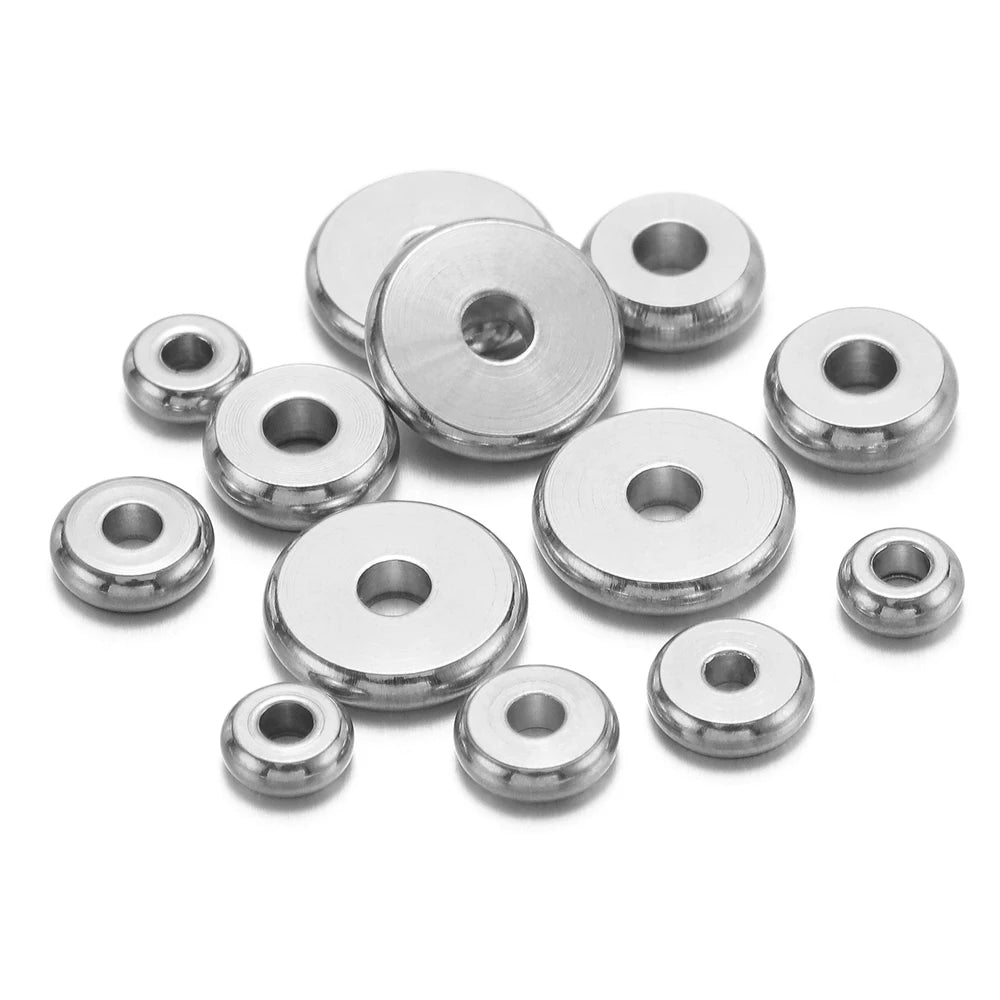 Steel round flat spacer beads with center holes, assorted sizes for DIY bracelets