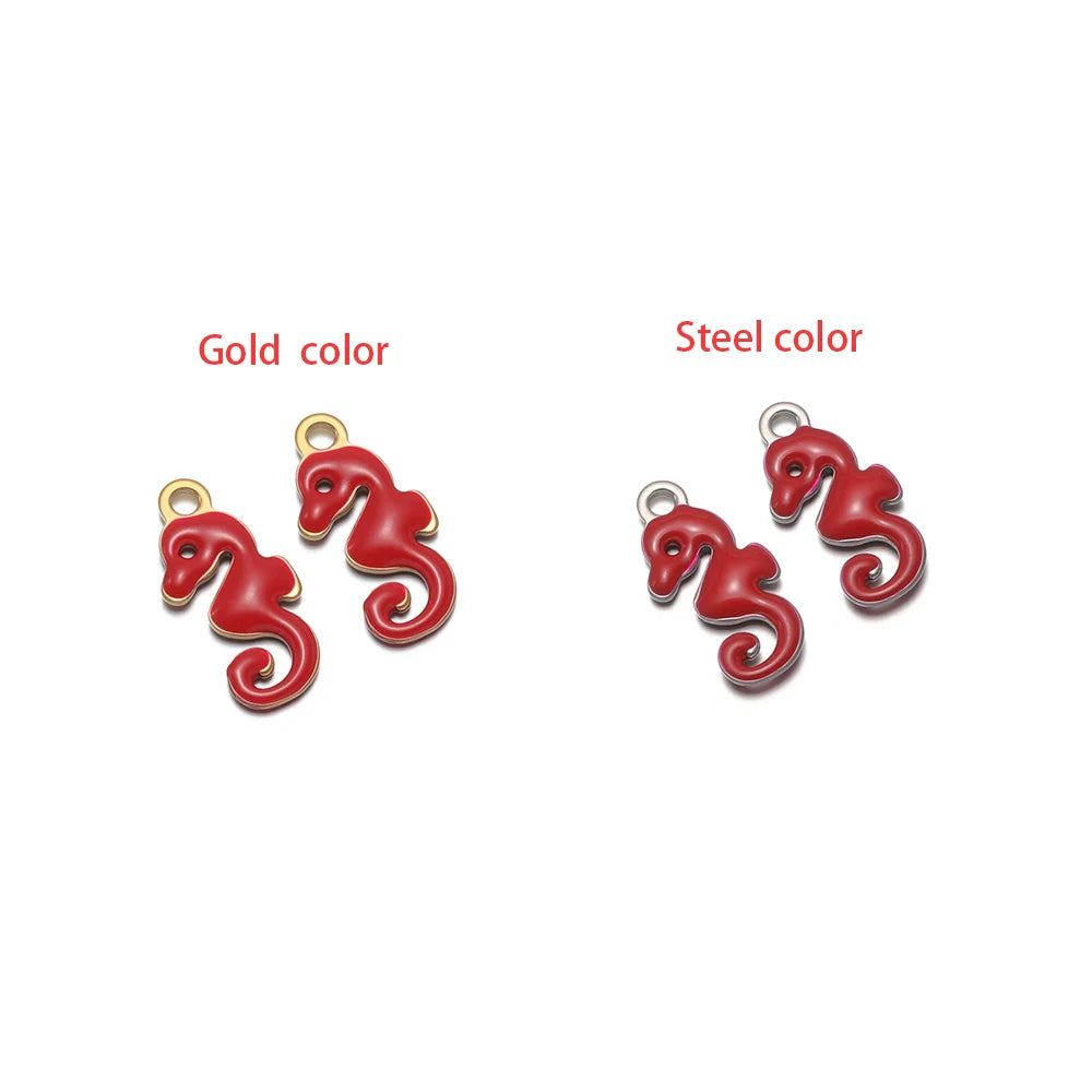 Red seahorse pendant charm with gold-tone loop, marine animal jewelry finding