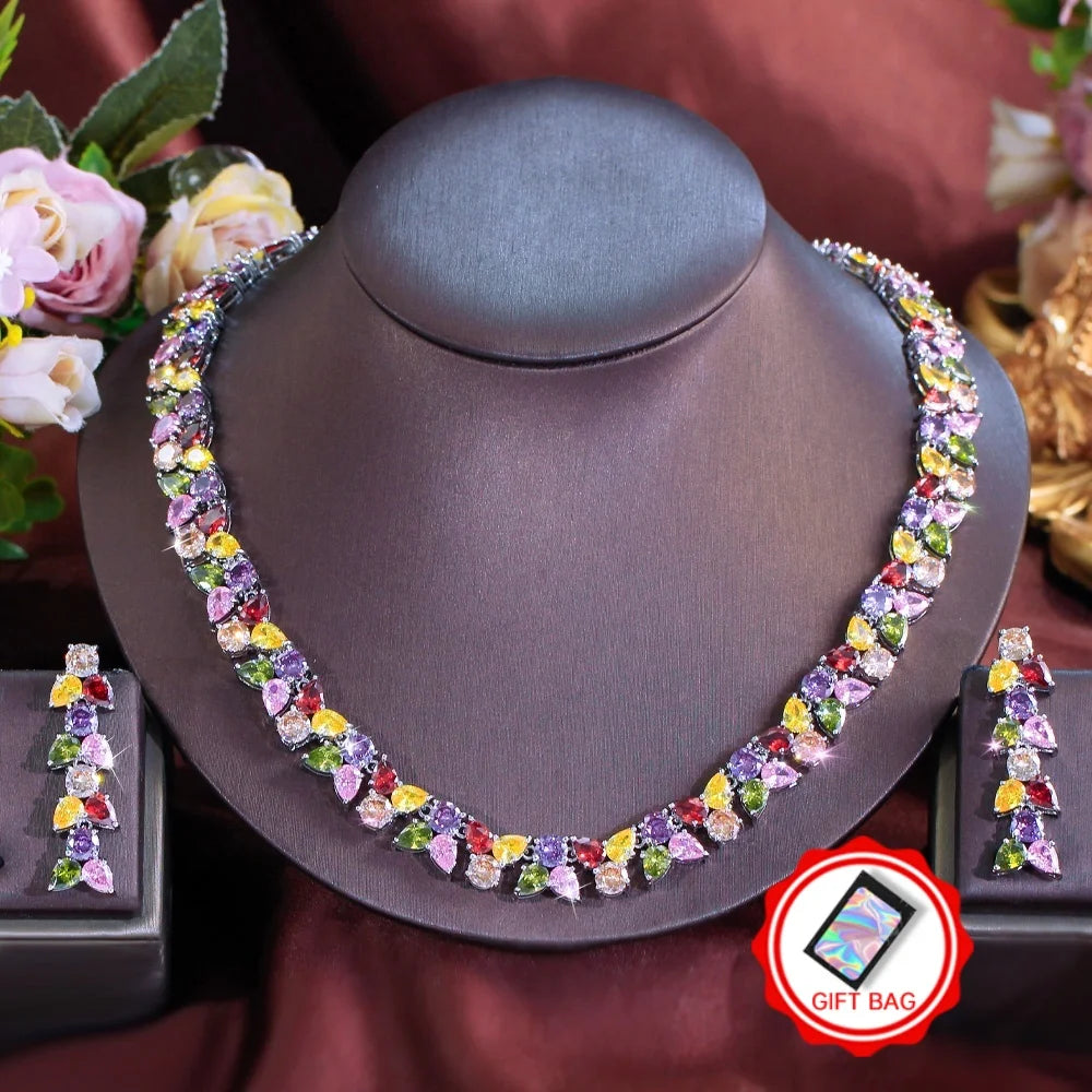 Multicolor zirconia leaf necklace and matching dangling earrings