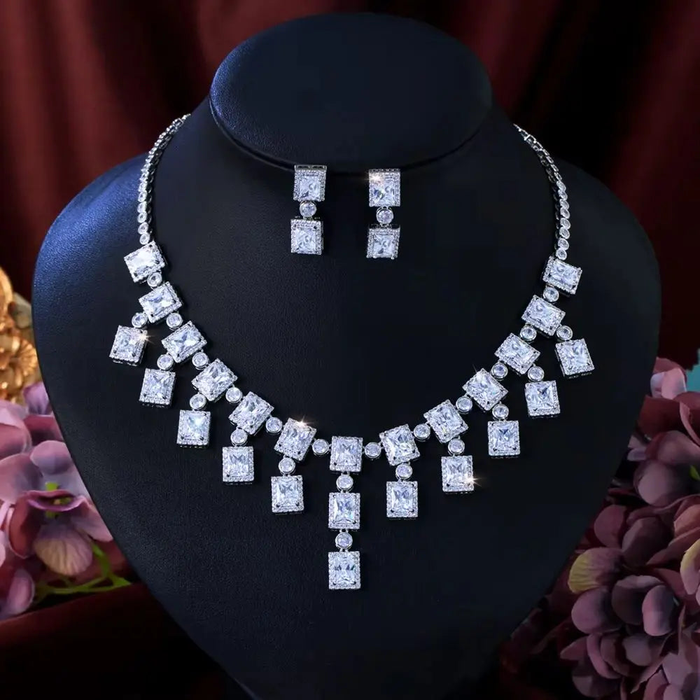 Crystal CZ square drop tassel necklace with matching earring set