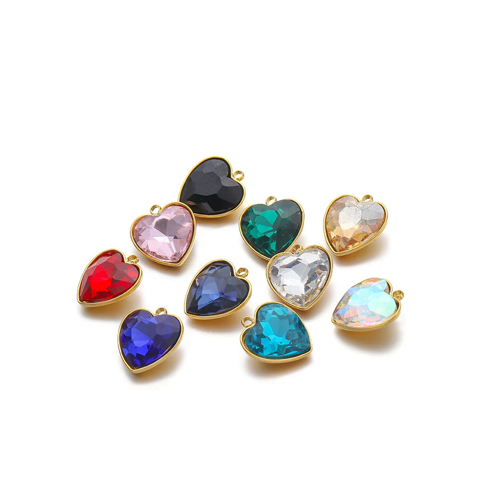 Heart crystal charm pendants set, gold-tone with multicolor heart stones