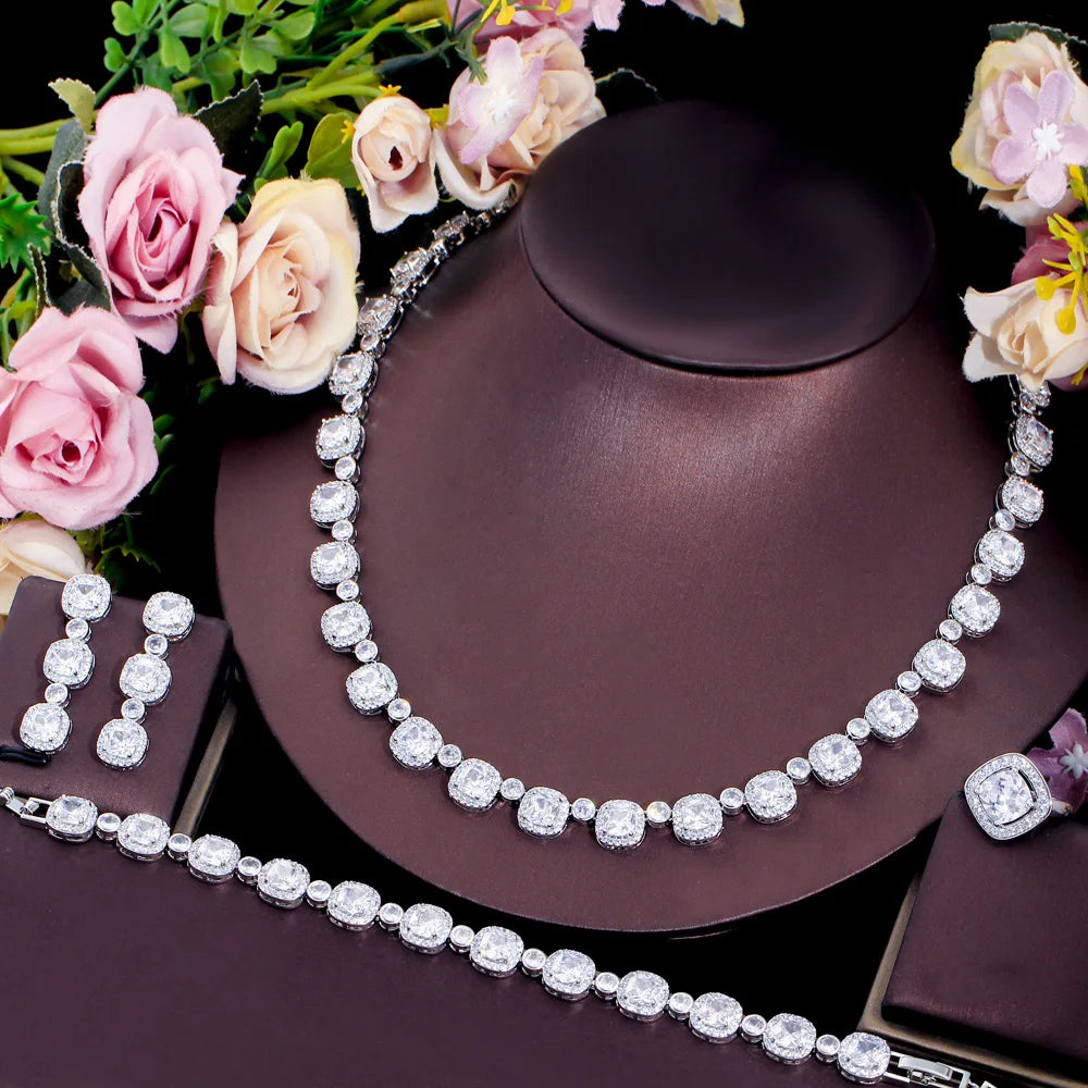 Square cubic zirconia paved necklace with matching bracelet, earrings, and ring set