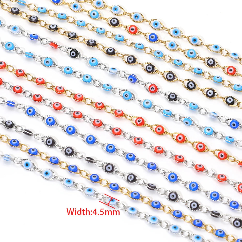 Evil eye bead chain strands with silver and gold links, blue/red/black oval beads