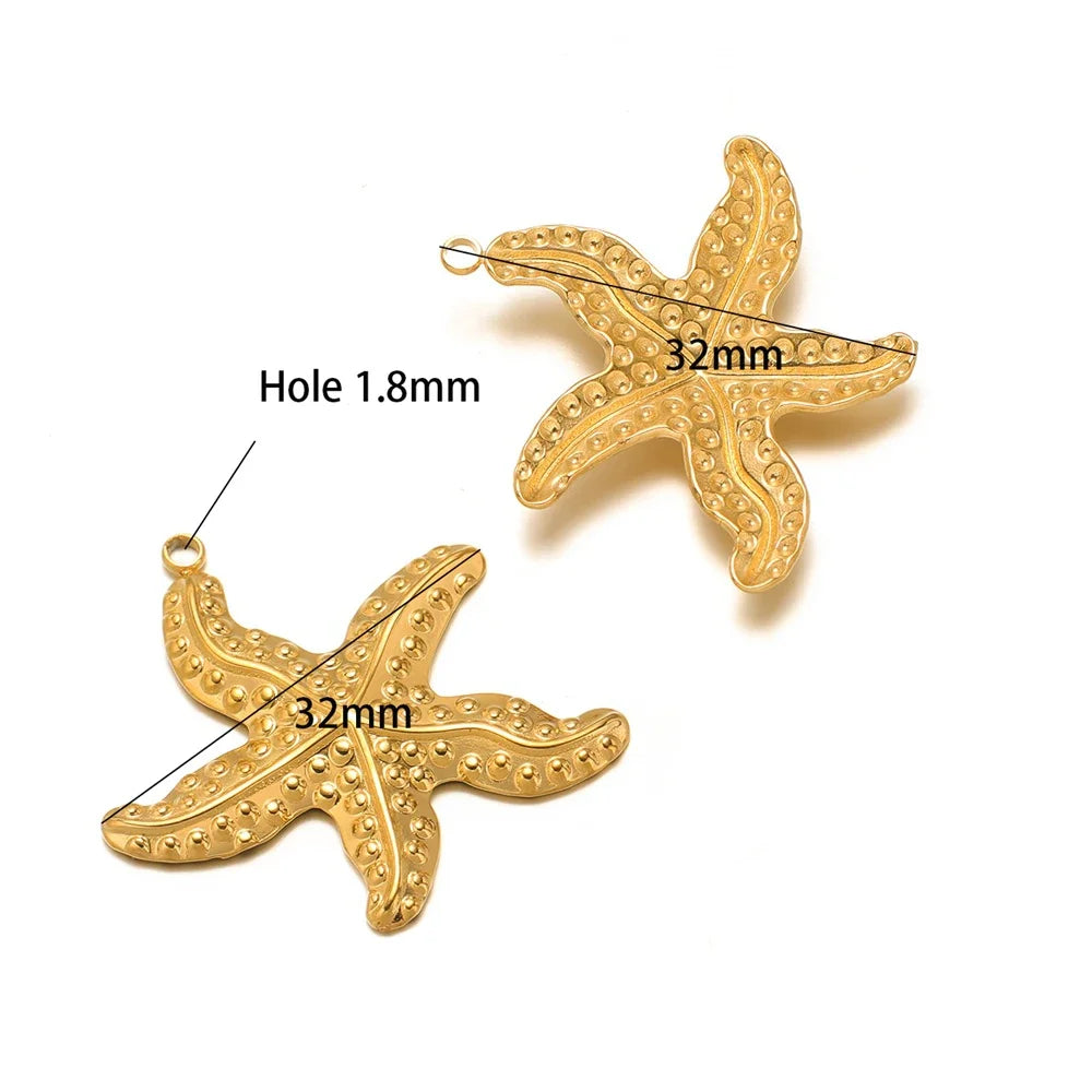 Gold starfish charm pendants, 32mm and 32mm, with 1.8mm holes